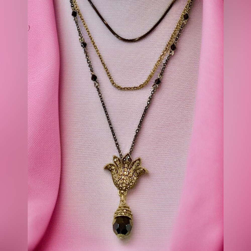 Heidi Daus Gold, Silver and Black Teardrop Pendant with layered chains